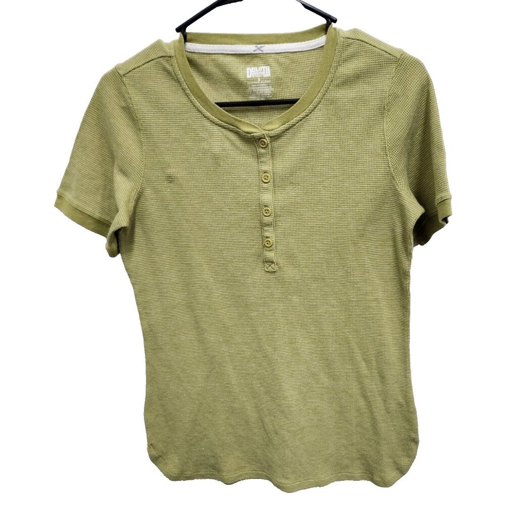 Duluth Trading Womens Henley Top Size Small Olive Green Short Sleeve Preppy Tee